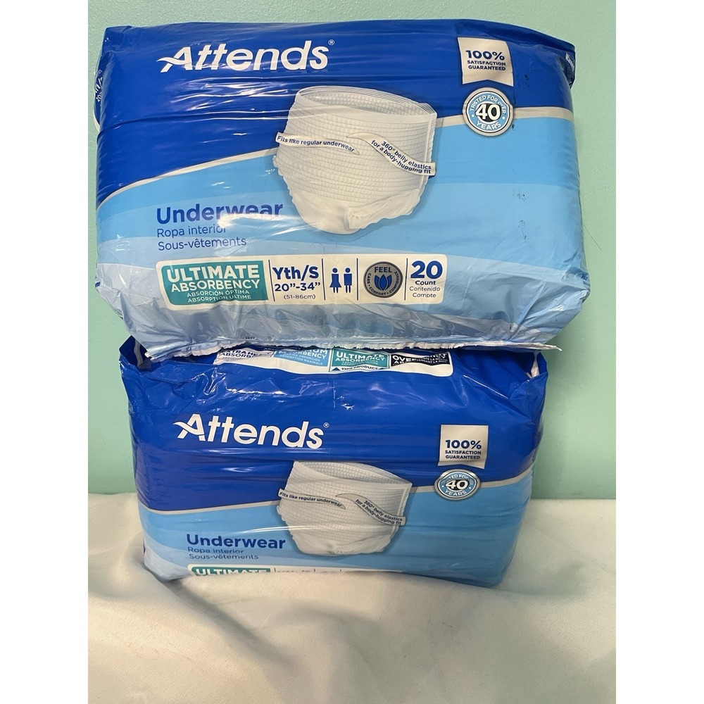 Lot of 2- 20-Count Attends Underwear Heavy Size Youth/Small 40‎ Total